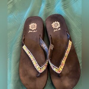 Yellow box sandals with yellow and orange beading